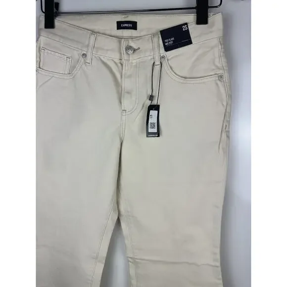 NWT Express Mid Rise Cream Raw Hem '70s Flare Jeans Size 2S 2 Short 28" x 29" - Picture 5 of 16